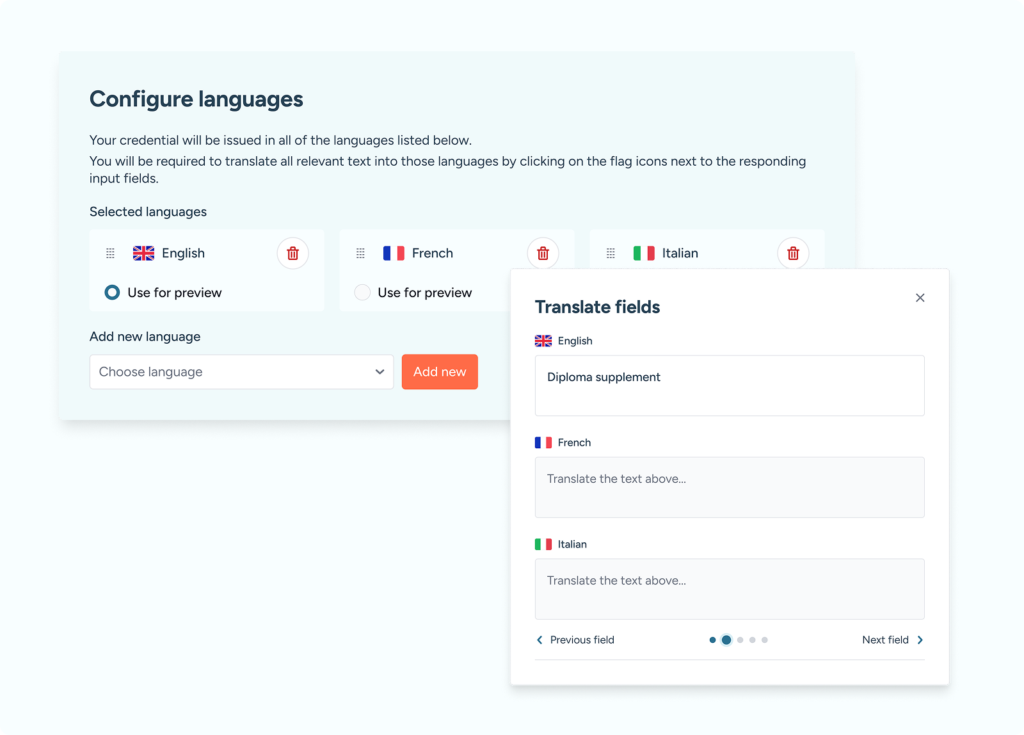 Modals for configuring multilingual digital credentials